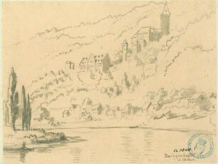 Zwingenberg Blick über den Neckar auf Stadt und Burg