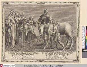 [Vater und Sohn gehen neben dem Esel; Father and son go beside the donkey]
