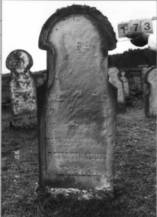 Grabstein 173 (Index: 100115020) Material: Sandstein Zustand: sehr stark verwittert mit sehr großem Textverlust Maße HxBxT: 155x61x11 cm Beschreibung: Stele mit Hufeisenbogen: Grabstein 173