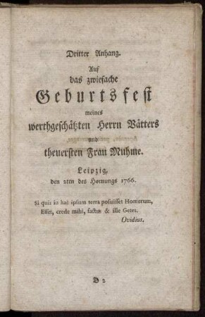 Dritter Anhang. Auf das zwiefache Geburtsfest meines werthgeschätzten Herrn Vätters und theuersten Frau Muhme.