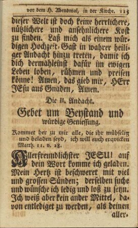 Die II. Andacht. Gebet um Beystand und würdige Geniessung