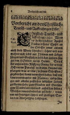 Vorbericht an den Christlich Teutsch- und Auffrichtigen Leser