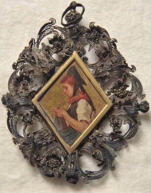 Strickendes Mädchen. Miniatur aus der Sammlung Loewe