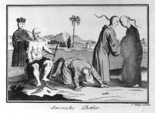 Sinesische Bettler : Weigel, Christoph (1654-1726). Sinesische Bettler. Aus: Inventions chinoises XIV, Blatt 24. Kupferstich, koloriert, 16,6 x 21,8 cm. Dresden: Kupferstich-Kabinett in Band 1156,2 (XIV)