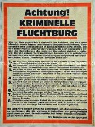 In Stil einer polizeilichen Bekanntmachung gestaltetes Schriftplakat aus der Hausbesetzerszene Westberlins