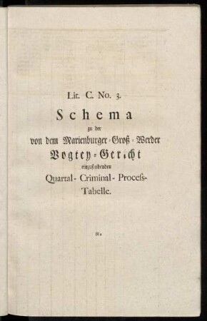Lit. C. No. 3. Schema zu der von dem Marienburger Groß-Werder Vogtey-Gericht einzusendenden Quartal-Criminal-Process-Tabelle