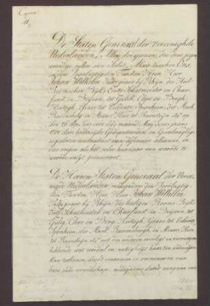 Defensiv-Bündnis zwischen Kurfürst Johann Wilhelm von der Pfalz und den Generalstaaten der Niederlande