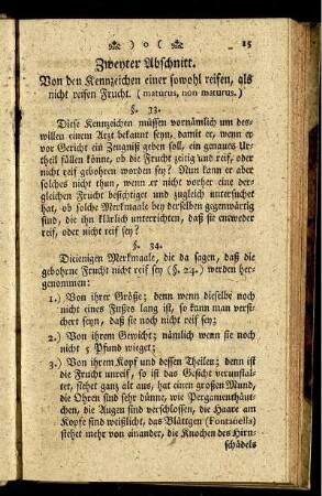 Zweyter Abschnitt. Von den Kennzeichen einer sowohl reifen, als nicht reifen Frucht. (maturus, non maturus.)