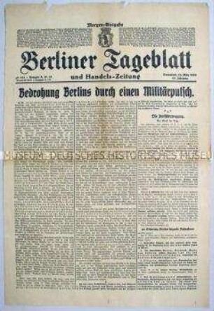 Titelblatt des "Berliner Tageblatt" zum Kapp-Putsch