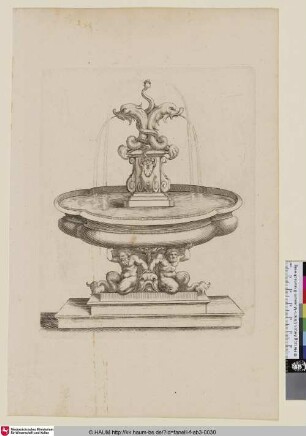 [Brunnen von zwei Tritonen gehalten, darüber zwei wasserspeiende Delphine und eine Schlange]