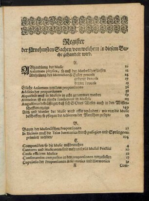 Register der fürnehmsten Sachen/ von welchem in diesem Buche gehandelt wird.