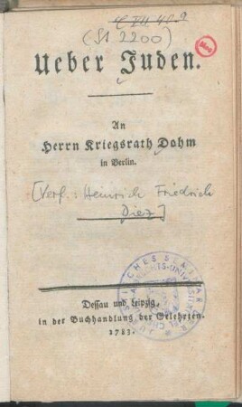 Ueber Juden : An Herrn Kriegsrath Dohm in Berlin