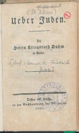 Ueber Juden : An Herrn Kriegsrath Dohm in Berlin