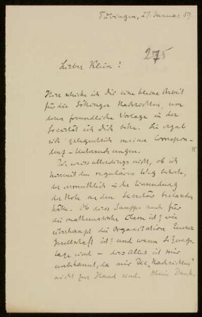 Nr. 275 Brief von Alexander von Brill an Felix Klein. Tübingen, 27.1.1889