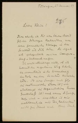 Nr. 275 Brief von Alexander von Brill an Felix Klein. Tübingen, 27.1.1889