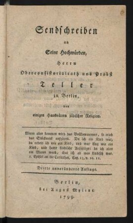 Sendschreiben an Seine Hochwürden, Herrn Oberconsistorialrath und Probst Teller zu Berlin, von einigen Hausvätern jüdischer Religion