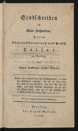Sendschreiben an Seine Hochwürden, Herrn Oberconsistorialrath und Probst Teller zu Berlin, von einigen Hausvätern jüdischer Religion