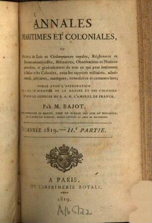 Annales maritimes et coloniales. Partie 2. [4]. 1819
