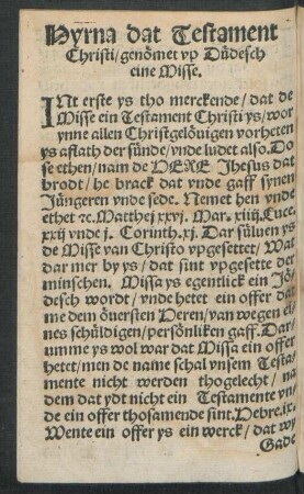 Hyrna dat Testament Christi/ genömet up Düdesch eine Misse.