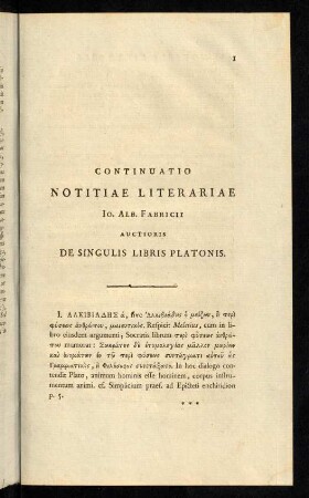 I-VIII, Continuatio Notitia Literaria de Platone.