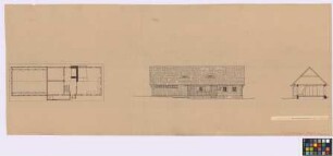Johannisberg ([Landkreis Habelschwerdt]): Haus H. Oballa. Haupthaus (Grundriss [des Erdgeschosses], Seiten-Ansicht, Querschnitt)