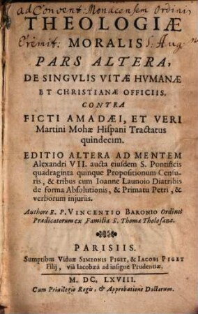 Theologiae moralis summa bipartita. 2, De singulis vitae humanae et Christianae officiis