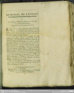 I. Division Géographique Et Générale De L'Europe