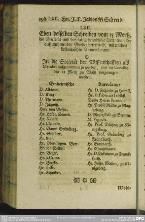 LXII. Eben desselben Schreiben vom 15 Mertz, die Societät und das sub ...
