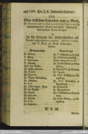LXII. Eben desselben Schreiben vom 15 Mertz, die Societät und das sub ...