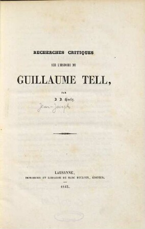 Recherches critiques sur l'histoire de Guillaume Tell
