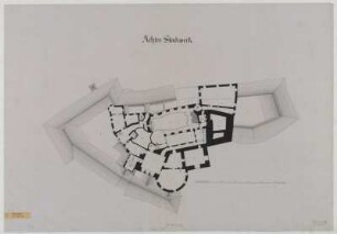 Weesenstein, Schloss, Grundriss : Weesenstein, Schloss, Grundriss des achten Stockwerks, unbekannter Zeichner, vor 1928. Feder/Zeichenfolie. 67 x 96,6 cm. Bez.: "Achtes Stockwerk." Maßstab mit Maßeinheit "Dresd. Ellen" (50 Ellen=19,5 m).