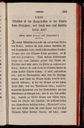 LXIII. Welches ist der Hauptposten in der Erndte beim Einfahren, und durch wen muß derselbe besetzt sein?