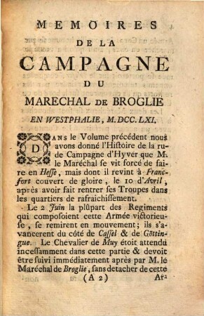 Mémoires pour servir à l'histoire de la Campagne du Maréchal de Broglie en Westphalie 1761