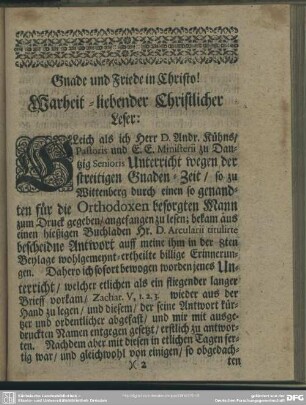 Gnade und Frieden in Christo! Warheit-liebender Christlicher Leser