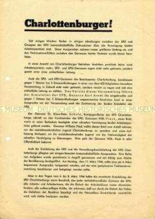 Propagandaflugblatt der KPD Berlin-Charttenburg zur Vereinigung mit der SPD