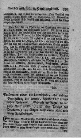 Präservativ wider die Lotteriesucht, oder richtige Beurtheilung der Lotterie, besonders der genuesischen Erfindung.