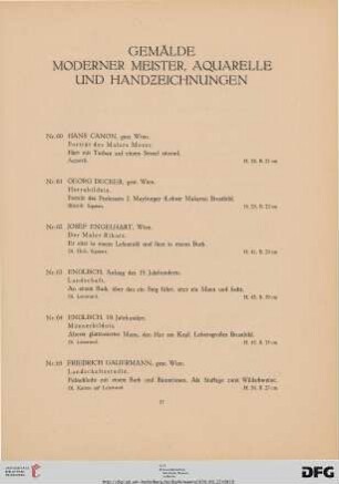 Gemälde Moderner Meister, Aquarelle und Handzeichnungen (Nr. 60-86)