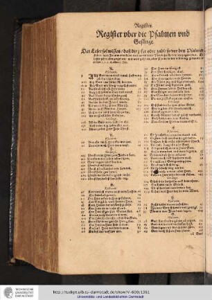 Register vber die Psalmen vnd Gesänge.