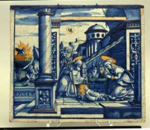 Kachel mit Geburt Christi und Moses vor dem brennenden Dornbusch