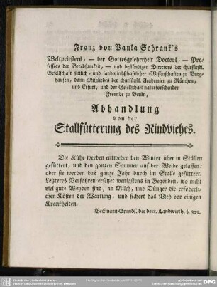Franz von Paula Schrank's Weltpriesters, - der Gottesgelehrtheit Doctors ... Abhandlung von der Stallfütterung des Rindviehs