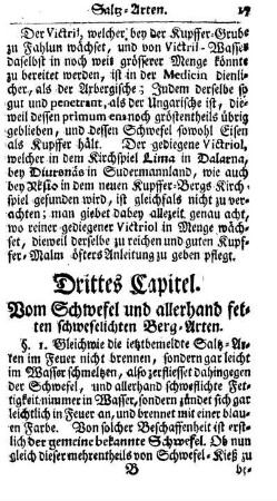 Drittes Capitel. Vom Schwefel und allerhand fetten schwefelichten Berg-Arten