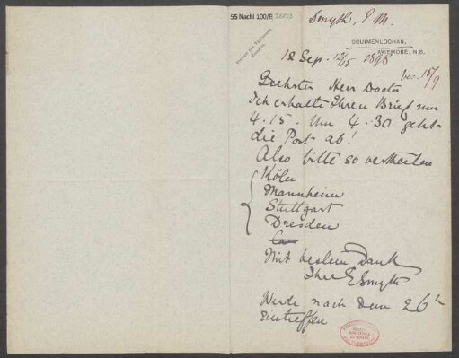 Brief an B. Schott's Söhne : 12.09.1898
