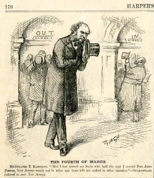 The Fourth of March. Ex-Senator T. Randolph. "Had I but served my State with half the zeal I served Fitz John Porter, New Jersey would not in mine age have left me naked to mine enemies." - Shakespeare (altered to suit New Jersey) : Senator Theodore Randolph verläßt nach Ablauf seiner Amtszeit den Senat