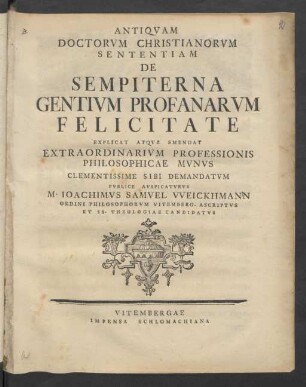 Antiquam Doctorum Christianorum Sententiam De Sempiterna Gentium Profanarum Felicitate