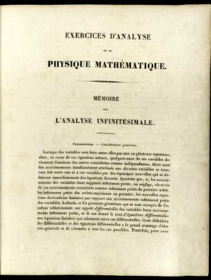 Exercice d'analyse. Physique Mathématique. Mémoire sur L'analyse infinitésimale.