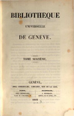 Bibliothèque universelle de Genève. 16. 1851
