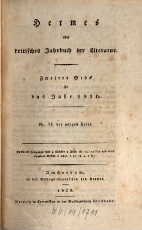 Hermes oder kritisches Jahrbuch der Literatur. 1820,2
