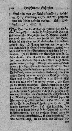 Nachricht von der Kriebelkrankheit, welche in dem Herzogthum Lüneburg in den Jahren 1770 und 71 graßiret und wie selbige geheilet worden.