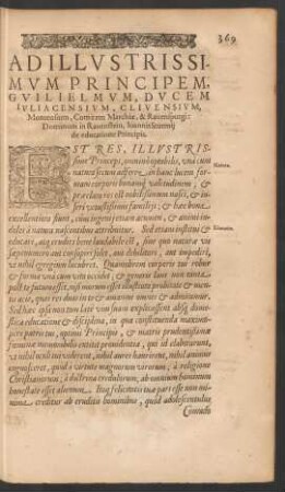 Ad Illustrissimum Principem, Guilielmum, Ducem Iuliacensium, Clivensium, Montensium, Comitem Marchiae, & Ravenspurgi: Dominum In Ravenstein, Ioannis Sturmii de educatione Principis.