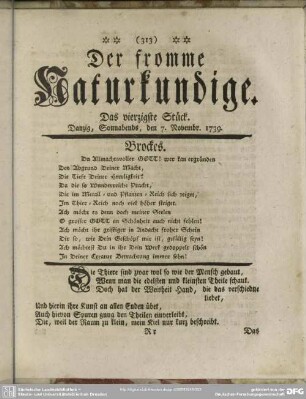 Der fromme Naturkundige. Das vierzigste Stück. Dantzig, Sonnabends, den 7. Novembr. 1739